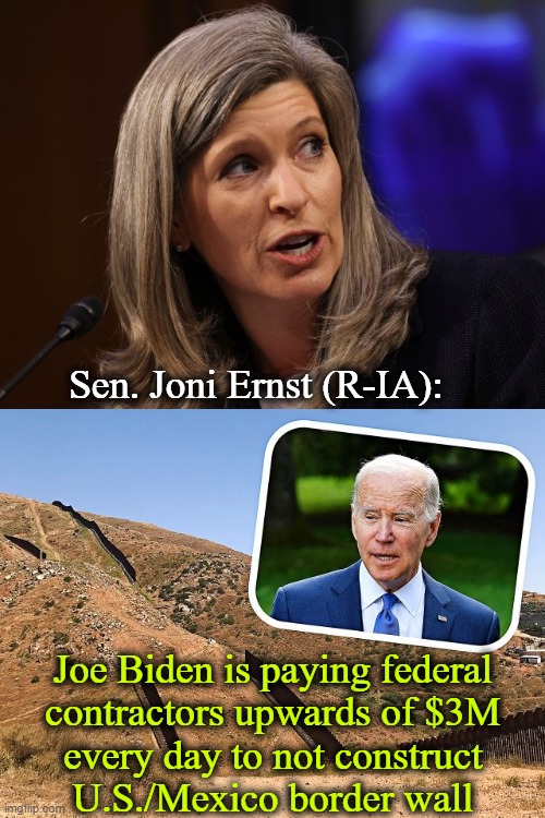 Your Tax Dollars Working Against YOU . . . . | Sen. Joni Ernst (R-IA):; Joe Biden is paying federal 
contractors upwards of $3M 
every day to not construct 
U.S./Mexico border wall | image tagged in politics,joe biden,america last,border wall,tax dollars,national debt | made w/ Imgflip meme maker