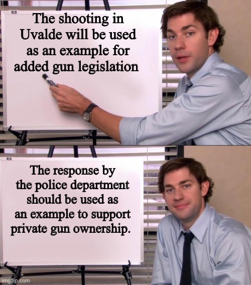 Only the gullible expect government to protect you | The shooting in Uvalde will be used as an example for added gun legislation; The response by the police department should be used as an example to support private gun ownership. | image tagged in jim halpert explains,politics,memes | made w/ Imgflip meme maker