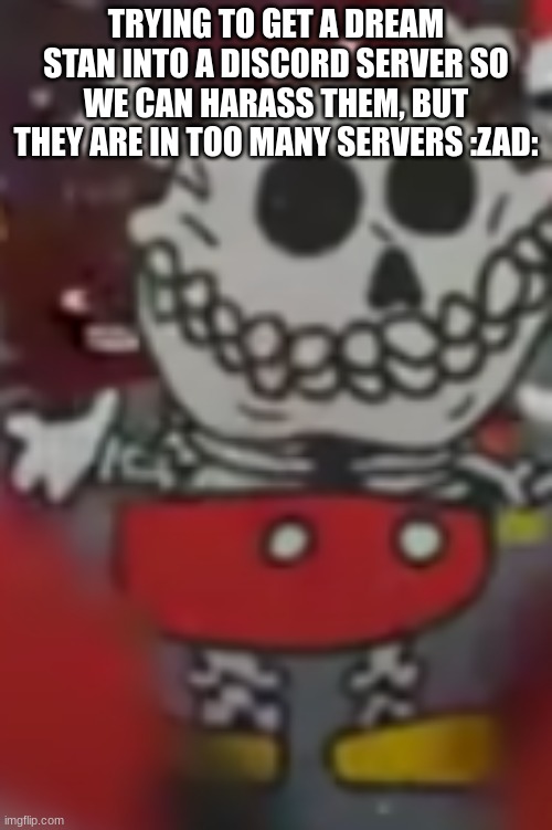 :skull: | TRYING TO GET A DREAM STAN INTO A DISCORD SERVER SO WE CAN HARASS THEM, BUT THEY ARE IN TOO MANY SERVERS :ZAD: | image tagged in skull | made w/ Imgflip meme maker