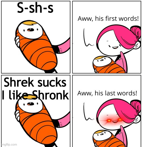 NotFunnyDidn´tLaugh | S-sh-s; Shrek sucks I like Shronk | image tagged in aww his last words | made w/ Imgflip meme maker