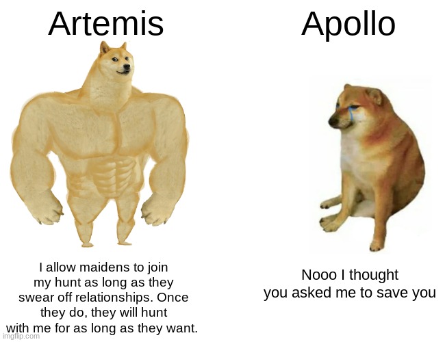 Is this right? | Artemis; Apollo; I allow maidens to join my hunt as long as they swear off relationships. Once they do, they will hunt with me for as long as they want. Nooo I thought you asked me to save you | image tagged in memes,buff doge vs cheems | made w/ Imgflip meme maker