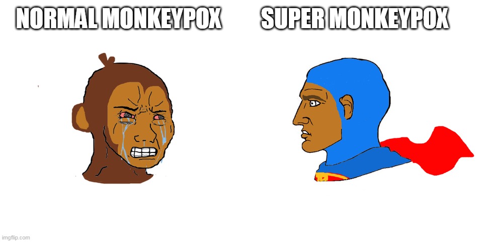 Super monkeypox |  SUPER MONKEYPOX; NORMAL MONKEYPOX | image tagged in flying monkeys,pox,first world problems,virus | made w/ Imgflip meme maker