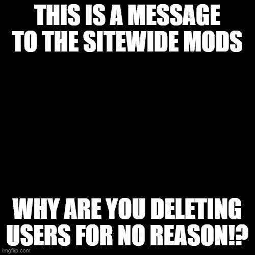 Blank Transparent Square | THIS IS A MESSAGE TO THE SITEWIDE MODS; WHY ARE YOU DELETING USERS FOR NO REASON!? | image tagged in memes,blank transparent square | made w/ Imgflip meme maker