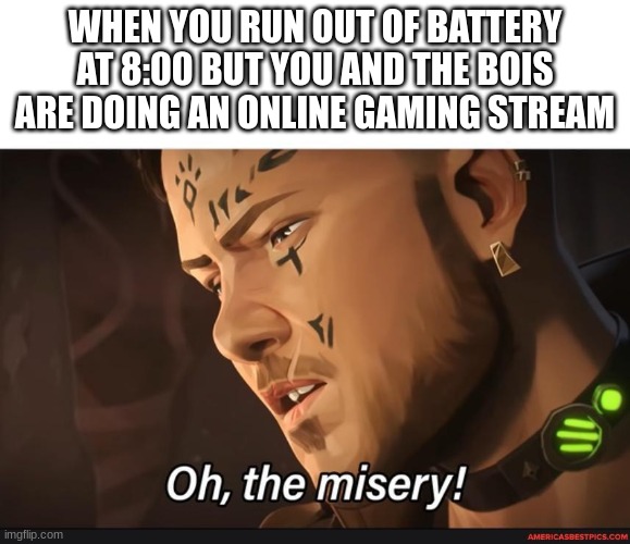 *cries* | WHEN YOU RUN OUT OF BATTERY AT 8:00 BUT YOU AND THE BOIS ARE DOING AN ONLINE GAMING STREAM | image tagged in misery | made w/ Imgflip meme maker