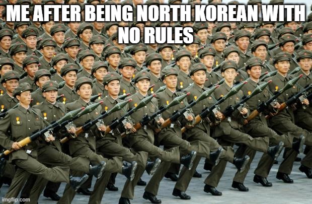 North Koreans! | ME AFTER BEING NORTH KOREAN WITH
NO RULES | image tagged in north korean military march,north korea | made w/ Imgflip meme maker