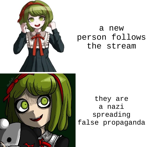 monaca drake hotline bling bad ending | a new person follows the stream; they are a nazi spreading false propaganda | image tagged in monaca drake hotline bling bad ending | made w/ Imgflip meme maker