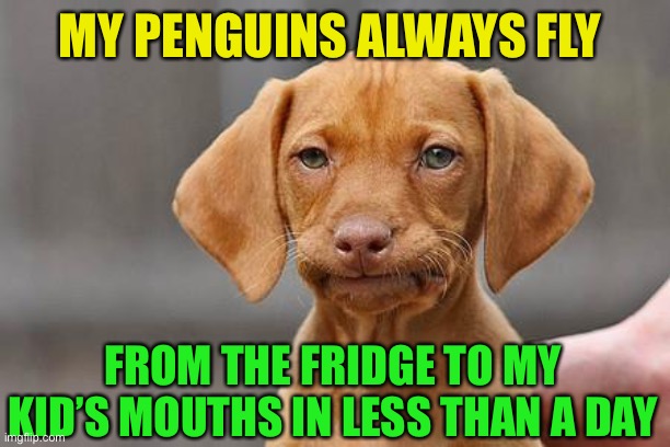Dissapointed puppy | MY PENGUINS ALWAYS FLY FROM THE FRIDGE TO MY KID’S MOUTHS IN LESS THAN A DAY | image tagged in dissapointed puppy | made w/ Imgflip meme maker