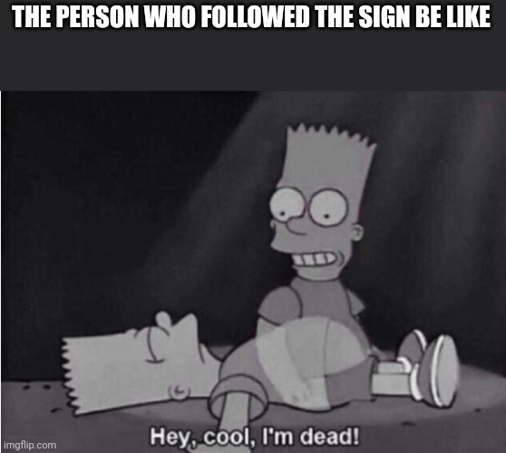 Hey, cool, I'm dead! | THE PERSON WHO FOLLOWED THE SIGN BE LIKE | image tagged in hey cool i'm dead | made w/ Imgflip meme maker