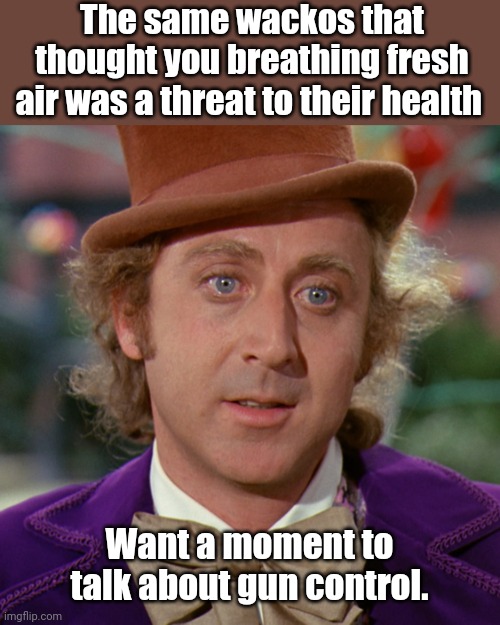 In other words I'm not listening. | The same wackos that thought you breathing fresh air was a threat to their health; Want a moment to talk about gun control. | image tagged in memes | made w/ Imgflip meme maker