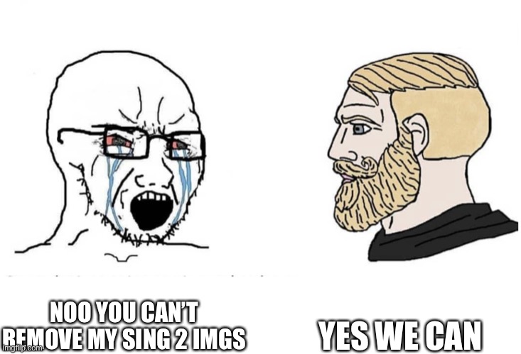 Soyboy Vs Yes Chad | YES WE CAN; NOO YOU CAN’T REMOVE MY SING 2 IMGS | image tagged in soyboy vs yes chad | made w/ Imgflip meme maker