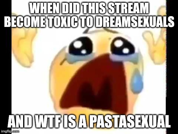 thoe i really like pasta | WHEN DID THIS STREAM BECOME TOXIC TO DREAMSEXUALS; AND WTF IS A PASTASEXUAL | image tagged in cursed crying emoji | made w/ Imgflip meme maker
