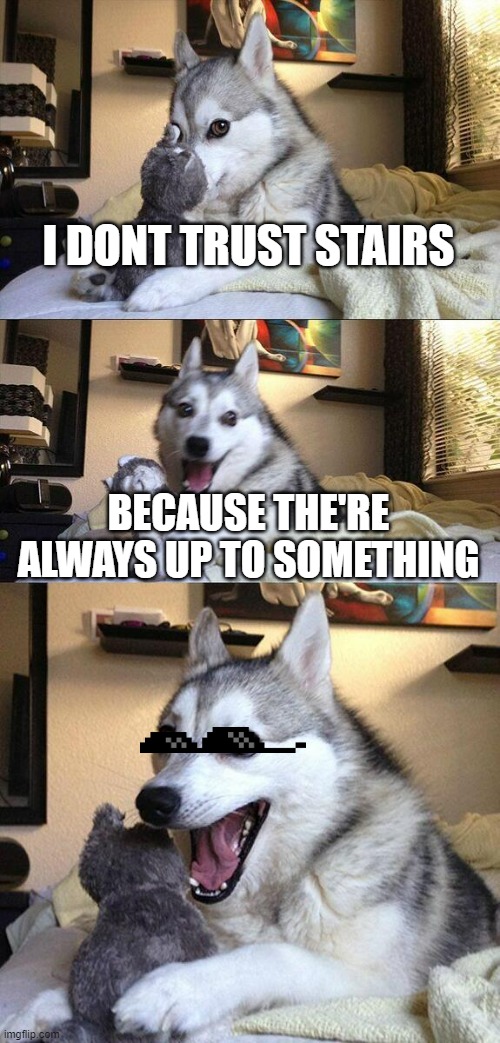 a nother horrible pun | I DONT TRUST STAIRS; BECAUSE THE'RE ALWAYS UP TO SOMETHING | image tagged in memes,bad pun dog | made w/ Imgflip meme maker
