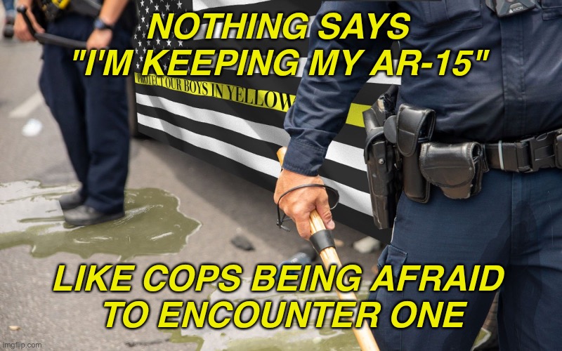 Under no pretext | NOTHING SAYS 
"I'M KEEPING MY AR-15"; LIKE COPS BEING AFRAID 
TO ENCOUNTER ONE | made w/ Imgflip meme maker