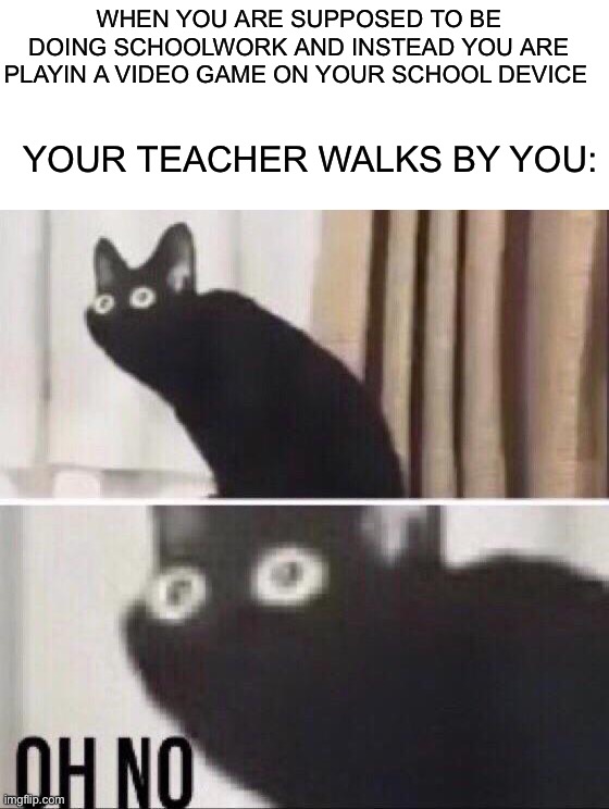 Oh no |  WHEN YOU ARE SUPPOSED TO BE DOING SCHOOLWORK AND INSTEAD YOU ARE PLAYIN A VIDEO GAME ON YOUR SCHOOL DEVICE; YOUR TEACHER WALKS BY YOU: | image tagged in oh no cat,memes,funny,true story,pain,video games | made w/ Imgflip meme maker