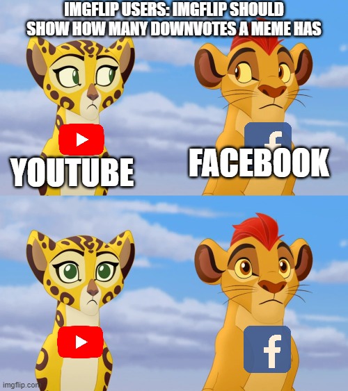 Kion and Fuli Side-Eye | IMGFLIP USERS: IMGFLIP SHOULD SHOW HOW MANY DOWNVOTES A MEME HAS; YOUTUBE; FACEBOOK | image tagged in kion and fuli side-eye,youtube,facebook,downvotes,dislike | made w/ Imgflip meme maker