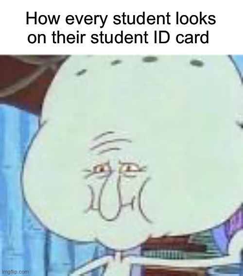 Memesofultimatedank and I get so annoyed by this when we sign in with our IDs on school days, kids always cover their pictures | How every student looks on their student ID card | image tagged in squidward big head,memes,funny,true story,pain,school | made w/ Imgflip meme maker