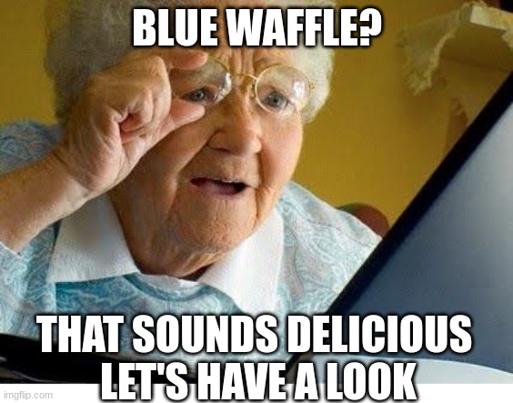 don't look this up | BLUE WAFFLE? THAT SOUNDS DELICIOUS
 LET'S HAVE A LOOK | image tagged in old lady at computer,memes,dank memes | made w/ Imgflip meme maker