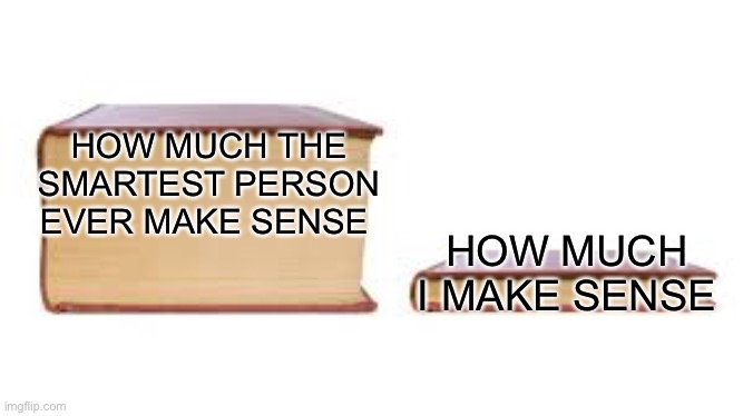 Smort | HOW MUCH THE SMARTEST PERSON EVER MAKE SENSE; HOW MUCH I MAKE SENSE | image tagged in big book small book | made w/ Imgflip meme maker