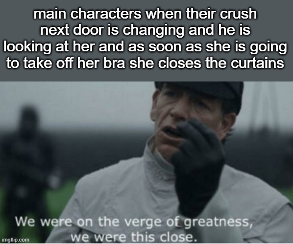 we were THIS close :( | main characters when their crush next door is changing and he is looking at her and as soon as she is going to take off her bra she closes the curtains | image tagged in we were on the verge of greatness | made w/ Imgflip meme maker