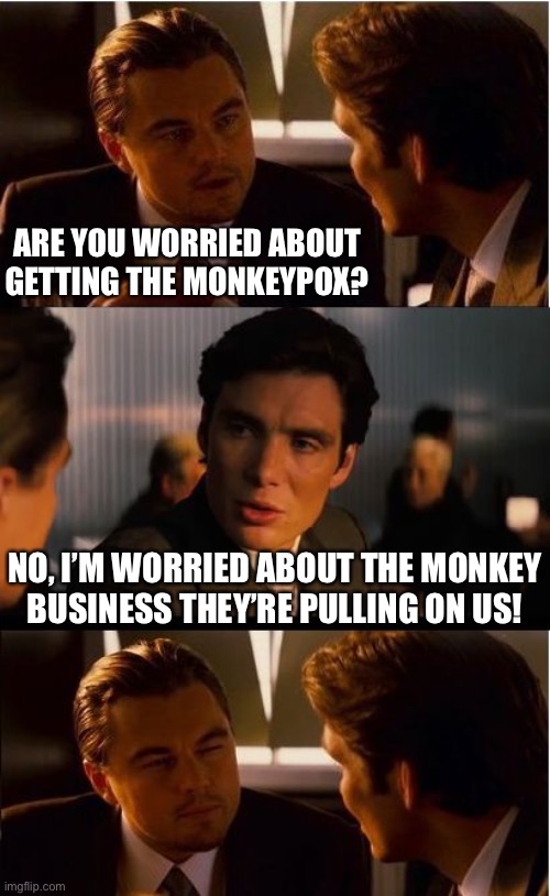 Inception |  ARE YOU WORRIED ABOUT GETTING THE MONKEYPOX? NO, I’M WORRIED ABOUT THE MONKEY
BUSINESS THEY’RE PULLING ON US! | image tagged in memes,inception,monkey business,first world problems,government corruption,no no hes got a point | made w/ Imgflip meme maker