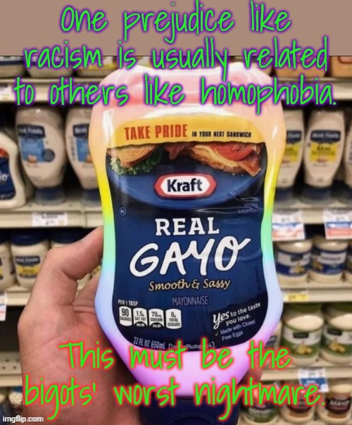 Stand united against hate! | One prejudice like racism is usually related to others like homophobia. This must be the bigots' worst nightmare. | image tagged in real gayo,discrimination,june is pride month,equality | made w/ Imgflip meme maker