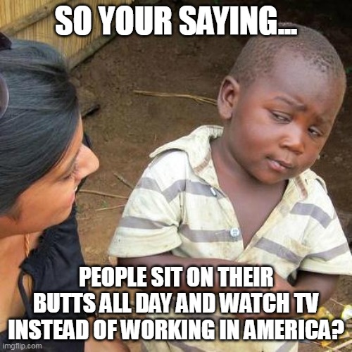 Third World Skeptical Kid |  SO YOUR SAYING... PEOPLE SIT ON THEIR BUTTS ALL DAY AND WATCH TV INSTEAD OF WORKING IN AMERICA? | image tagged in memes,third world skeptical kid | made w/ Imgflip meme maker