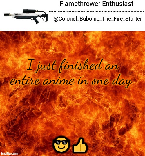 Flamethrower Enthusiast | I just finished an entire anime in one day; 😎👍 | image tagged in flamethrower enthusiast | made w/ Imgflip meme maker