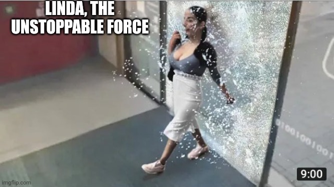 Kinda feel like it should've been Karen instead of Linda | LINDA, THE UNSTOPPABLE FORCE | image tagged in glass | made w/ Imgflip meme maker