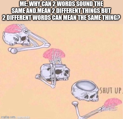 i'm  confused | ME: WHY CAN 2 WORDS SOUND THE SAME AND.MEAN 2 DIFFERENT THINGS BUT 2 DIFFERENT WORDS CAN MEAN THE SAME THING? | image tagged in skeleton shut up meme,shut up | made w/ Imgflip meme maker