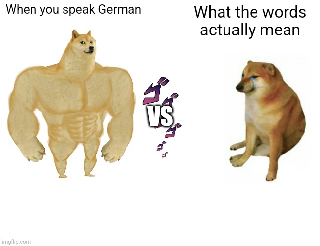 It's not what you think | When you speak German; What the words actually mean; VS | image tagged in memes,buff doge vs cheems | made w/ Imgflip meme maker