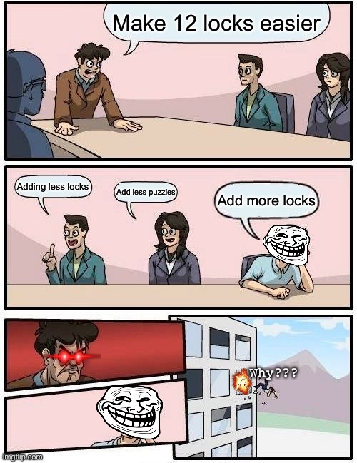 Boardroom meeting suggestion | Make 12 locks easier; Adding less locks; Add less puzzles; Add more locks; Why??? | image tagged in memes,boardroom meeting suggestion | made w/ Imgflip meme maker