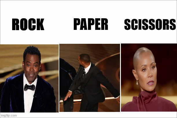 Extreme Rock,Paper,Scissors | SCISSORS; PAPER; ROCK | image tagged in chris rock,will smith,jada pinkett smith,oscars,memes,funny memes | made w/ Imgflip meme maker