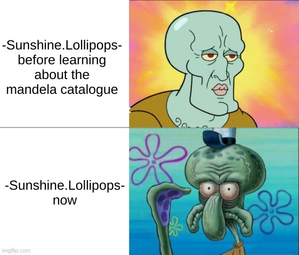 Handsome Squidward vs Ugly Squidward | -Sunshine.Lollipops- before learning about the mandela catalogue; -Sunshine.Lollipops- now | image tagged in handsome squidward vs ugly squidward | made w/ Imgflip meme maker