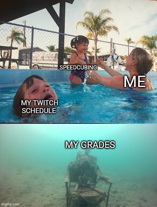 This is why I have 2 F- |  SPEEDCUBING; ME; MY TWITCH SCHEDULE; MY GRADES | image tagged in mother ignoring kid drowning in a pool | made w/ Imgflip meme maker