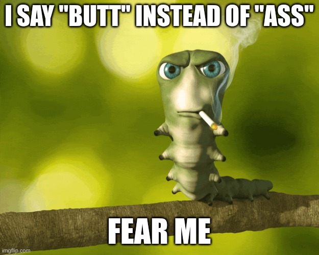yes | I SAY "BUTT" INSTEAD OF "ASS"; FEAR ME | image tagged in shitpost,gangster,cool kid,caterpillar | made w/ Imgflip meme maker