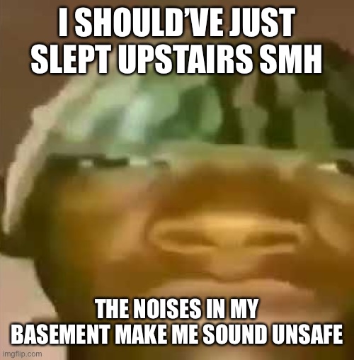 I swear to god I heard something just outside | I SHOULD’VE JUST SLEPT UPSTAIRS SMH; THE NOISES IN MY BASEMENT MAKE ME SOUND UNSAFE | image tagged in shitpost | made w/ Imgflip meme maker