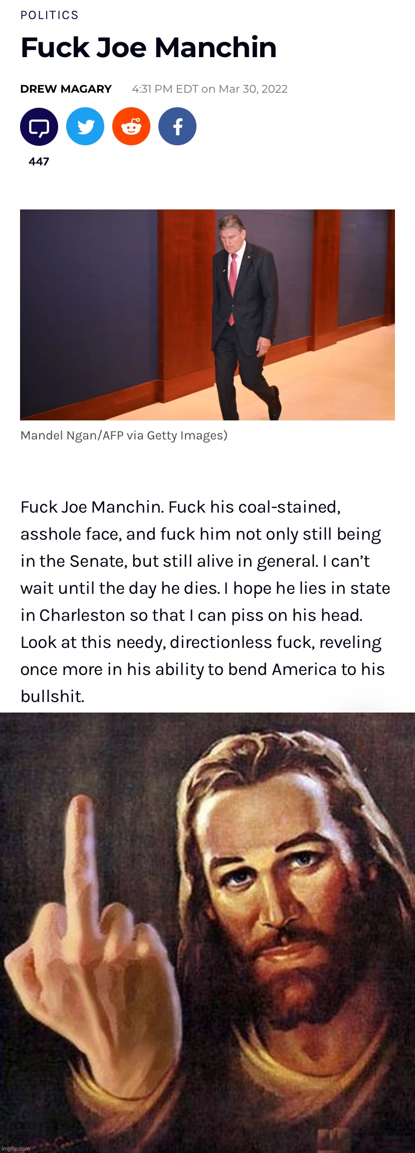 Even Jesus’s infinite patience cannot abide Joe Manching | image tagged in fuck joe manchin,jesus fuck you,joe munchkin,joe munchums,joe manching,joe marching | made w/ Imgflip meme maker