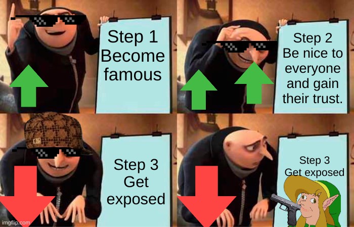 Gru's plan to become famous | Step 1
Become famous; Step 2
Be nice to everyone and gain their trust. Step 3
Get exposed; Step 3
Get exposed | image tagged in memes,gru's plan | made w/ Imgflip meme maker