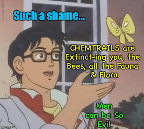 We must ALL become aware, and Do Something about it.  There will come a time, when it’s TOO LATE | Such a shame…; CHEMTRAILS are
Extinct-ing you, the
Bees, all the Fauna
 & Flora; Men
can be So
Evil | image tagged in memes,is this a pigeon,no not fossil fuel climate change,manmade poisoning of everybody n everything,gates n his ilk,fjb | made w/ Imgflip meme maker
