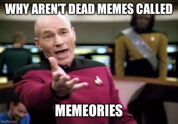 Memeories |  WHY AREN’T DEAD MEMES CALLED; MEMEORIES | image tagged in memes,picard wtf | made w/ Imgflip meme maker
