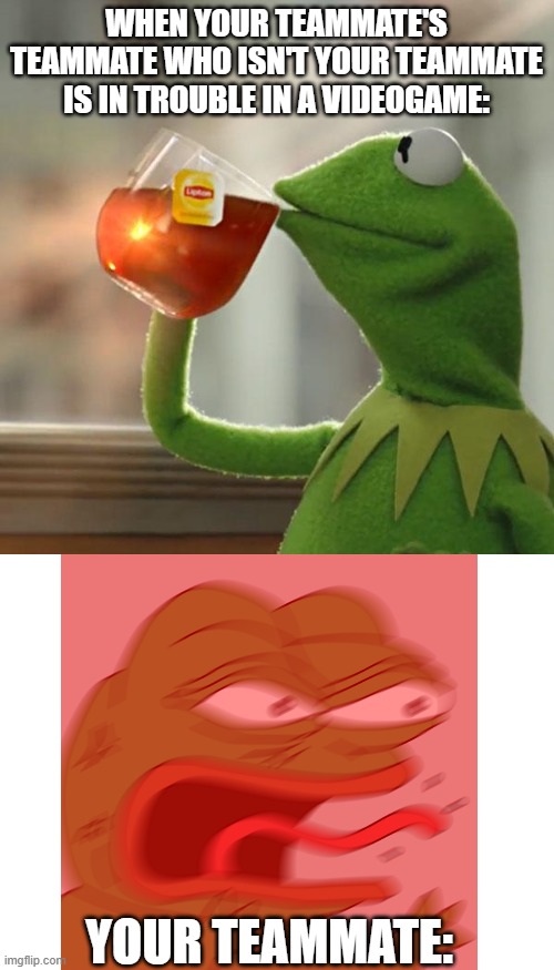 Hey, they aren't MY teammate... | WHEN YOUR TEAMMATE'S TEAMMATE WHO ISN'T YOUR TEAMMATE IS IN TROUBLE IN A VIDEOGAME:; YOUR TEAMMATE: | image tagged in memes,but that's none of my business,kermit the frog,funny,video games | made w/ Imgflip meme maker