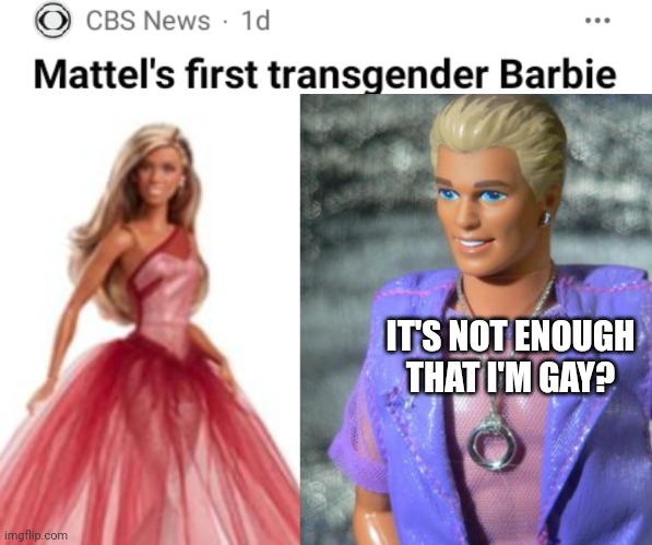 Gay Ken Questions The Need For Transgender Barbie | IT'S NOT ENOUGH THAT I'M GAY? | image tagged in ken,barbie,transgender | made w/ Imgflip meme maker