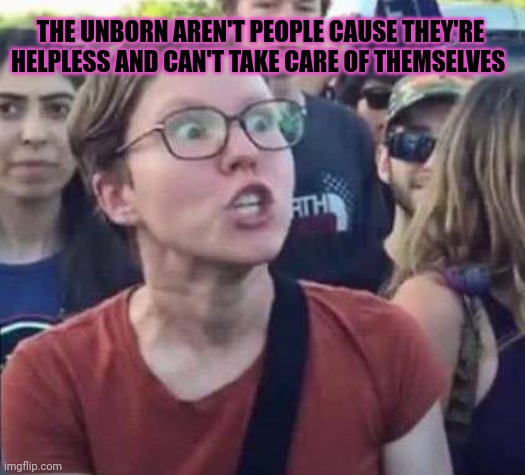 Angry Liberal | THE UNBORN AREN'T PEOPLE CAUSE THEY'RE HELPLESS AND CAN'T TAKE CARE OF THEMSELVES | image tagged in angry liberal | made w/ Imgflip meme maker