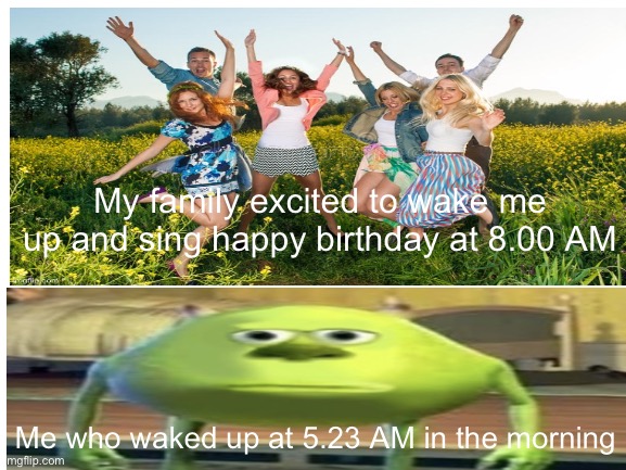 Relatable | My family excited to wake me up and sing happy birthday at 8.00 AM; Me who waked up at 5.23 AM in the morning | image tagged in sully wazowski | made w/ Imgflip meme maker