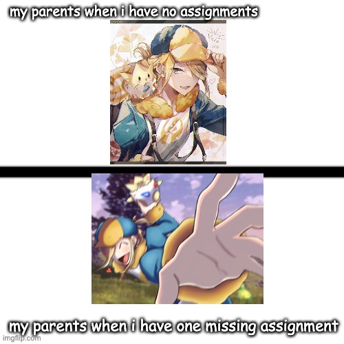 Missing Assignments? | my parents when i have no assignments; my parents when i have one missing assignment | image tagged in white background with line through it,pokemon,parents | made w/ Imgflip meme maker