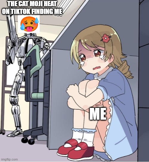 Anime Girl Hiding from Terminator | THE CAT MOJI HEAT ON TIKTOK FINDING ME; ME | image tagged in anime girl hiding from terminator | made w/ Imgflip meme maker