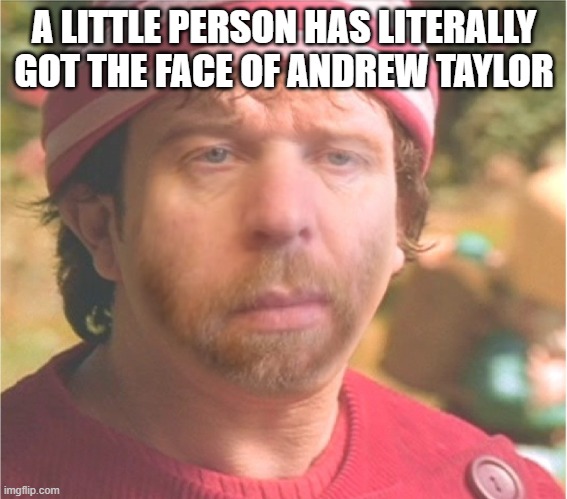 midget | A LITTLE PERSON HAS LITERALLY GOT THE FACE OF ANDREW TAYLOR | image tagged in midget | made w/ Imgflip meme maker