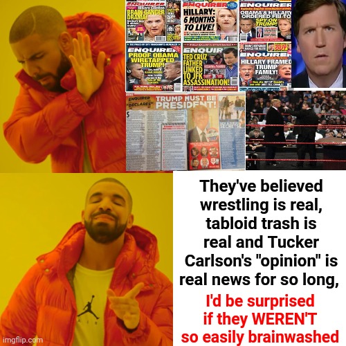 Sometimes The Man In The Mirror Is Brainwashed | They've believed wrestling is real, tabloid trash is real and Tucker Carlson's "opinion" is real news for so long, I'd be surprised if they WEREN'T so easily brainwashed | image tagged in memes,drake hotline bling,brainwashed,trumpublican terrorists,losers,liars | made w/ Imgflip meme maker