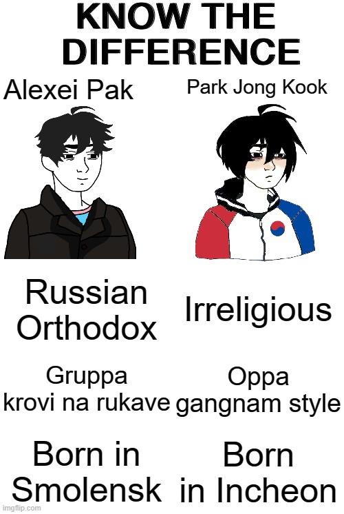 Russia VS Korea | Park Jong Kook; Alexei Pak; Irreligious; Russian Orthodox; Gruppa krovi na rukave; Oppa gangnam style; Born in Smolensk; Born in Incheon | image tagged in know the difference | made w/ Imgflip meme maker