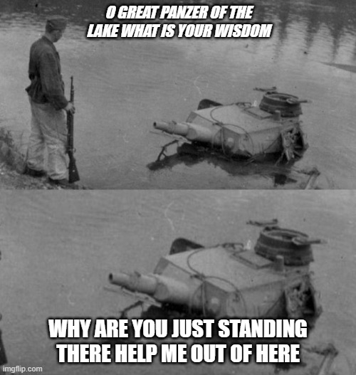 help it out of there! | O GREAT PANZER OF THE LAKE WHAT IS YOUR WISDOM; WHY ARE YOU JUST STANDING THERE HELP ME OUT OF HERE | image tagged in panzer of the lake | made w/ Imgflip meme maker